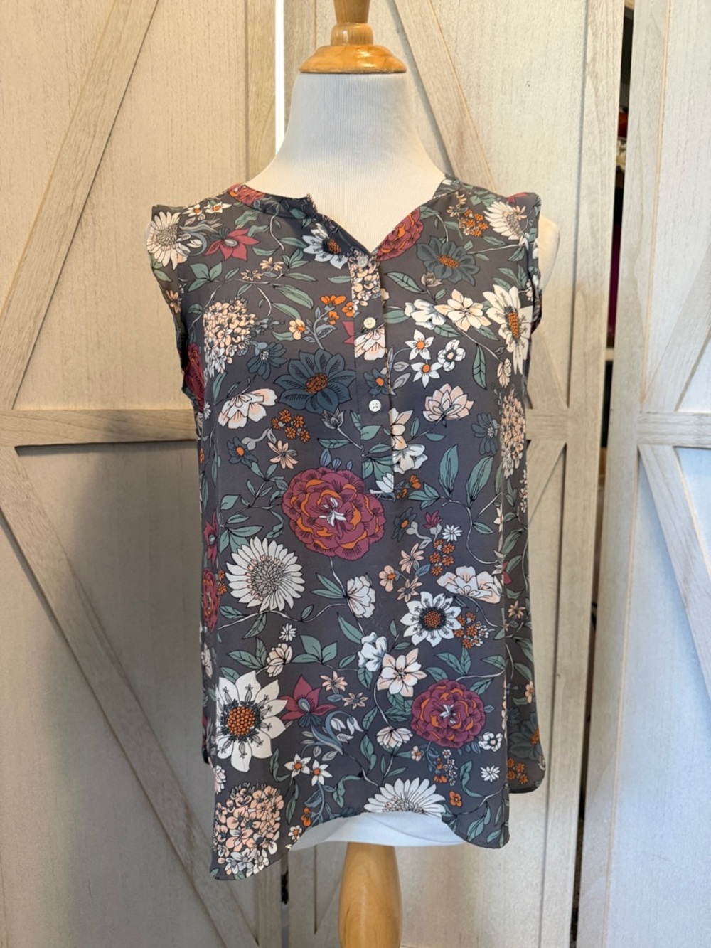 LOFT Floral Blouse in Charcoal with Multicolor Blooms
